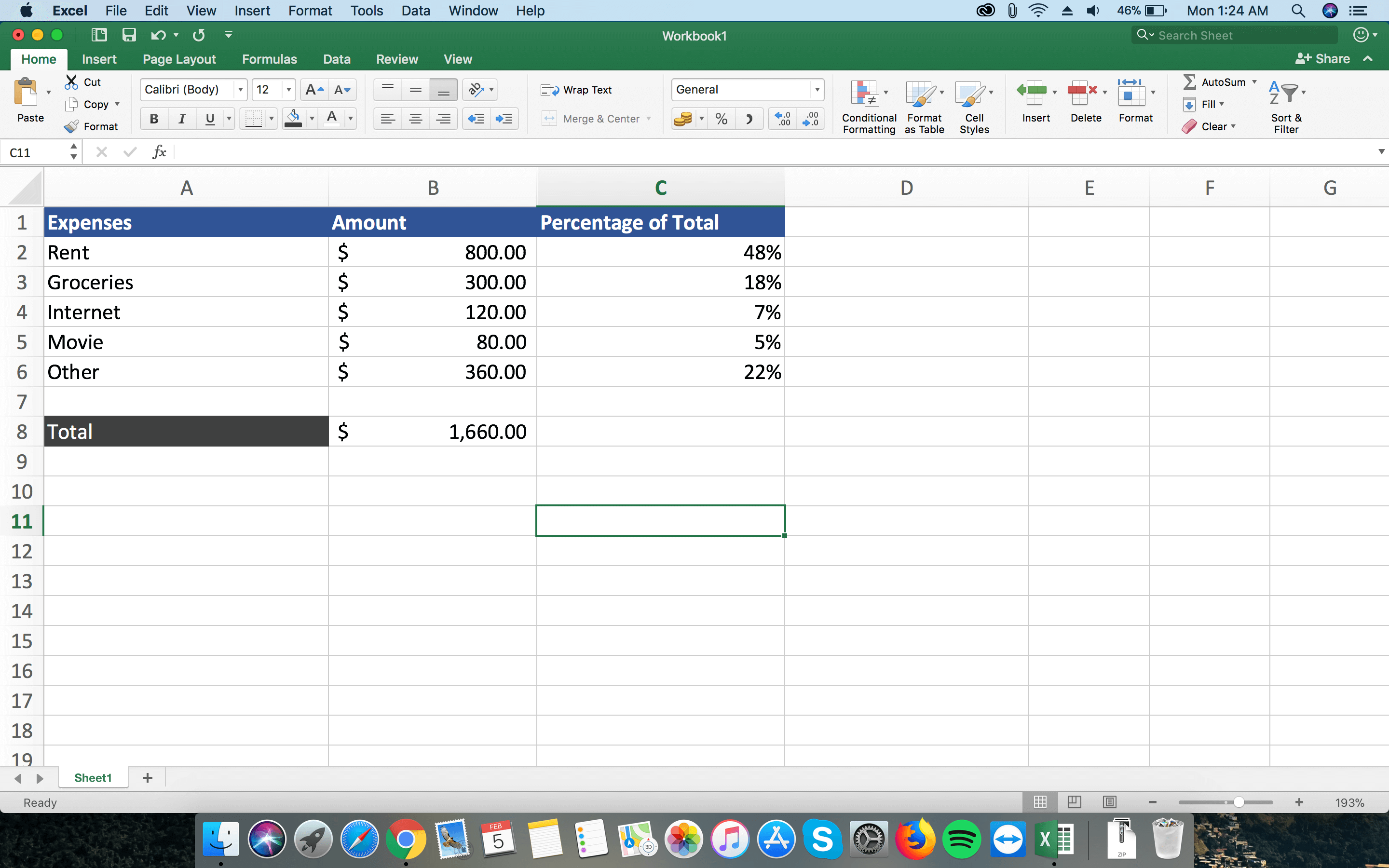 percentage of total in excel