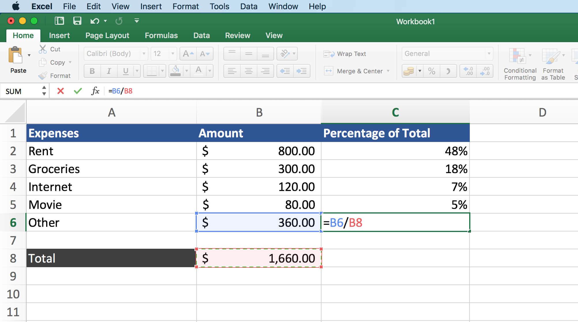 excel subtracting percentages formula