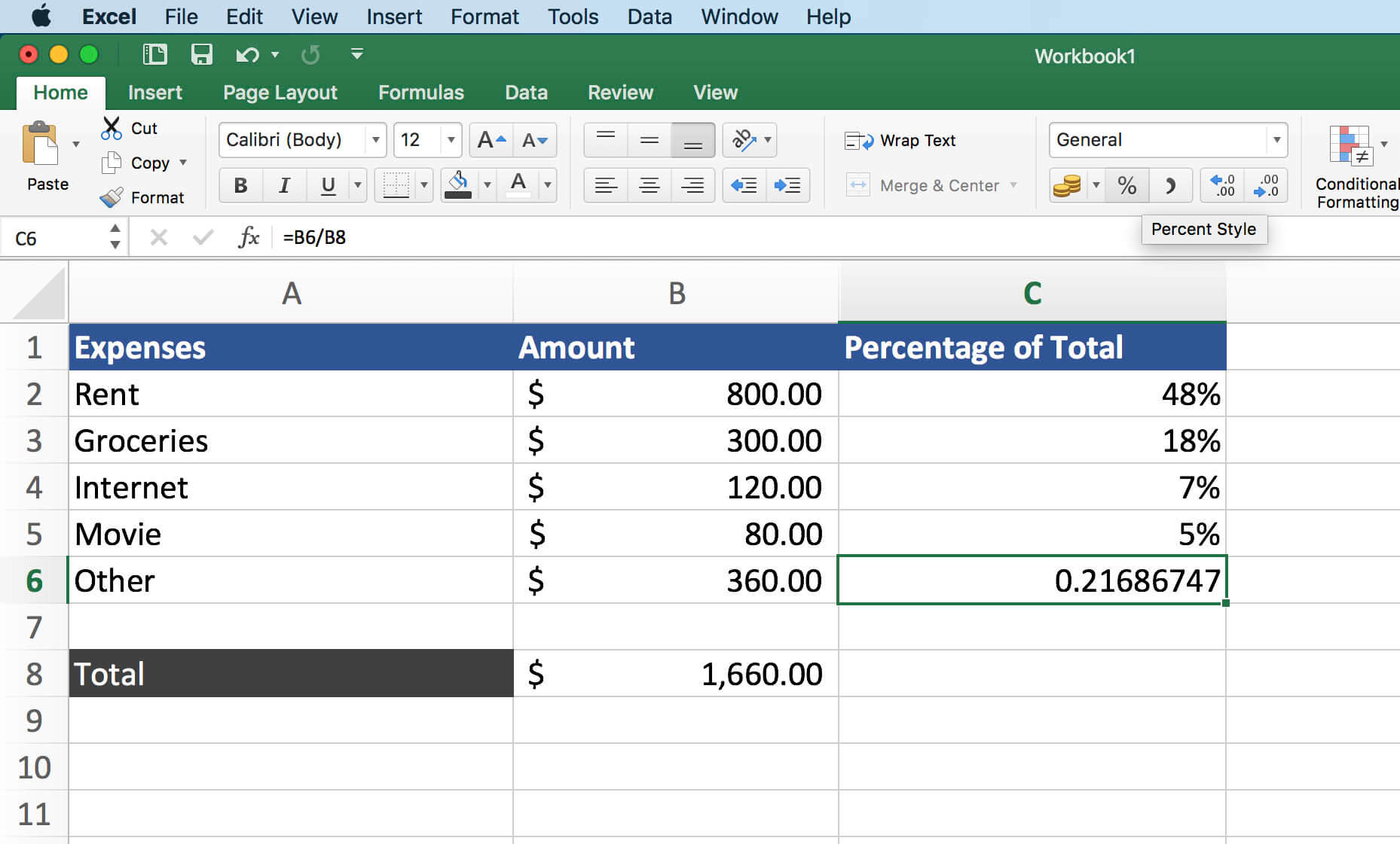 Formula for Percentage of Total in Excel